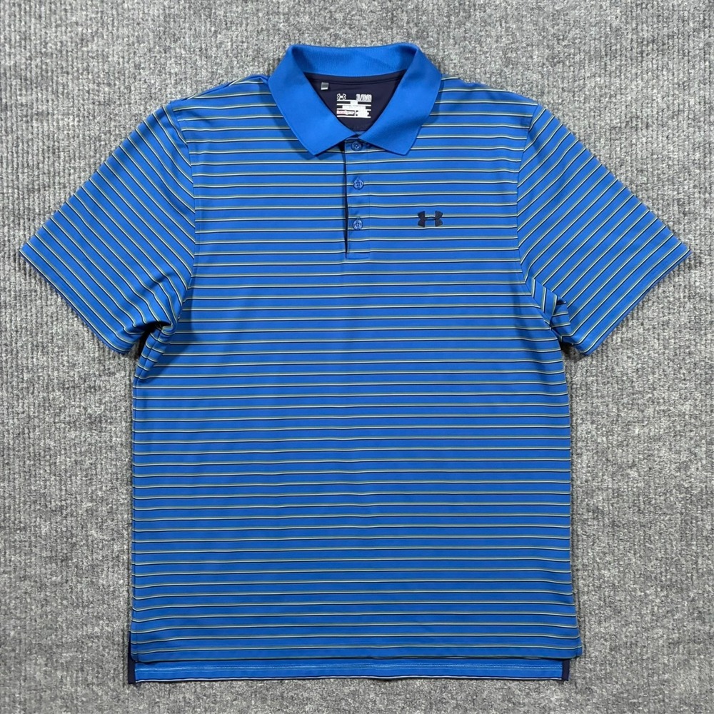 Under Armour HeatGear Mens Polo Shirt Size XL Blue Striped Loose Short Sleeve